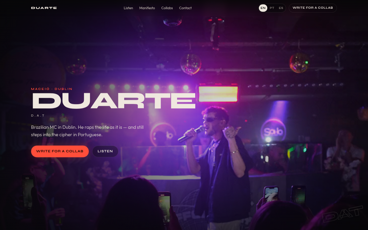 Duarte, a personal site for a Brazilian MC in Dublin.