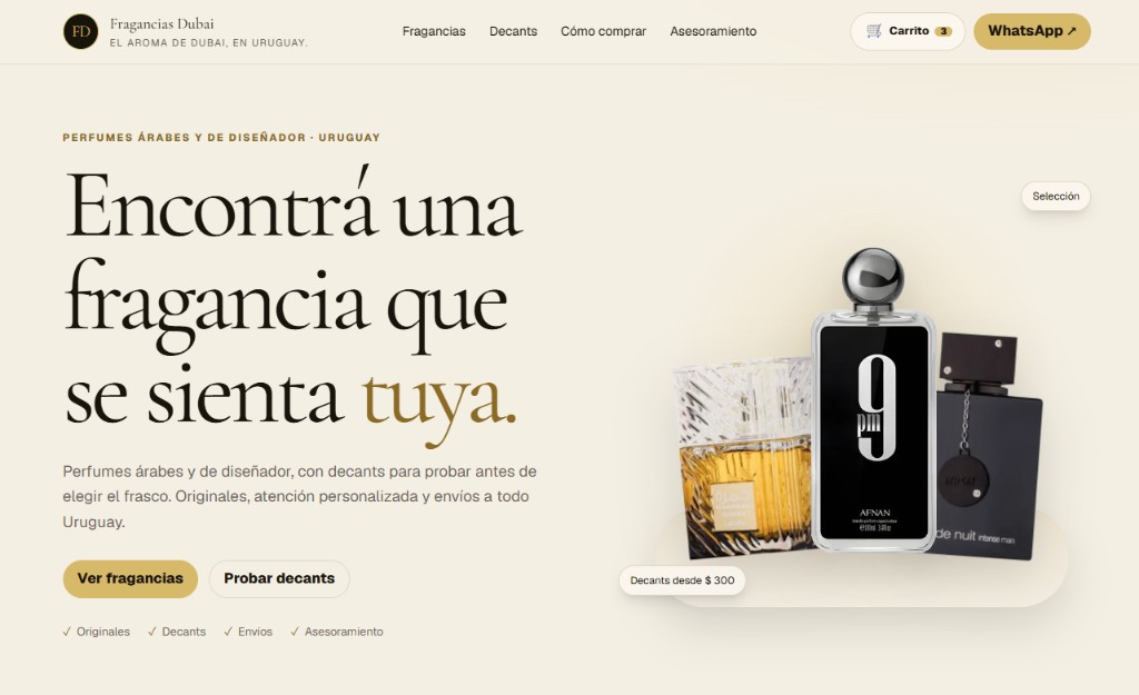 Fragancias Dubai, a landing page for Arab fragrances in Uruguay.