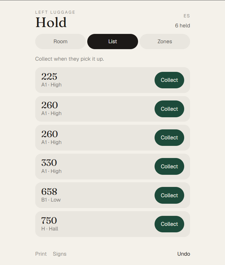 Hold, a staff list of rooms with Collect on each row.