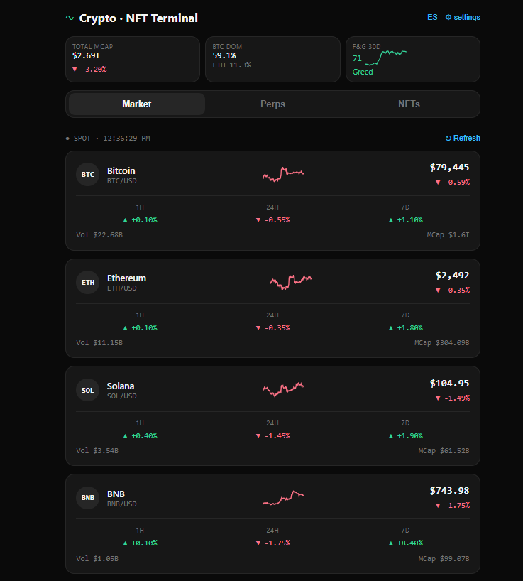 Crypto NFT Terminal, a private market dashboard with Bitcoin, Ethereum and Solana.
